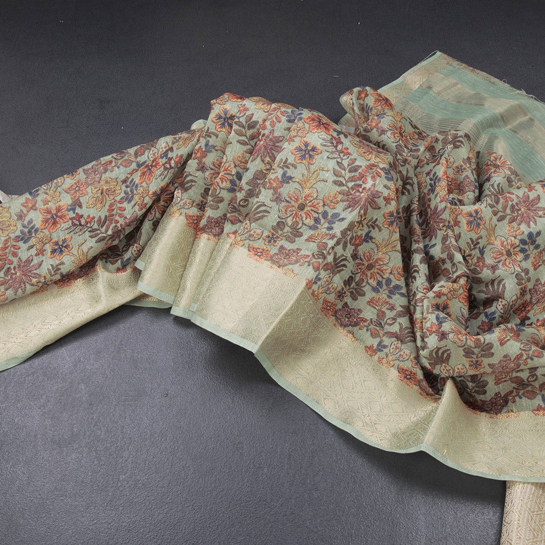 Semi Linen Pista Green Floral Printed Saree 03