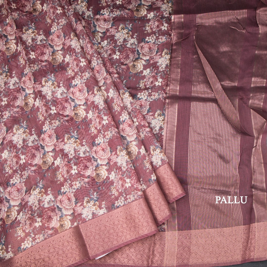 Semi Linen Maroon Floral Printed Saree 02