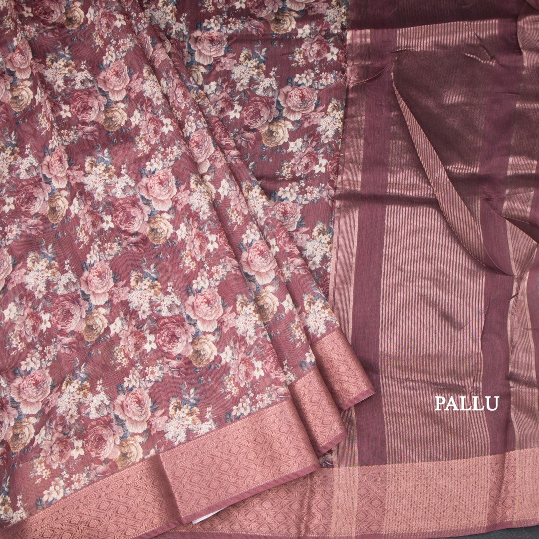 Semi Linen Maroon Floral Printed Saree 02
