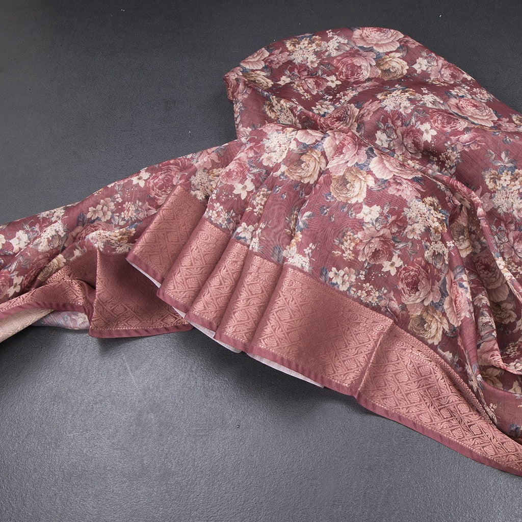 Semi Linen Maroon Floral Printed Saree 02