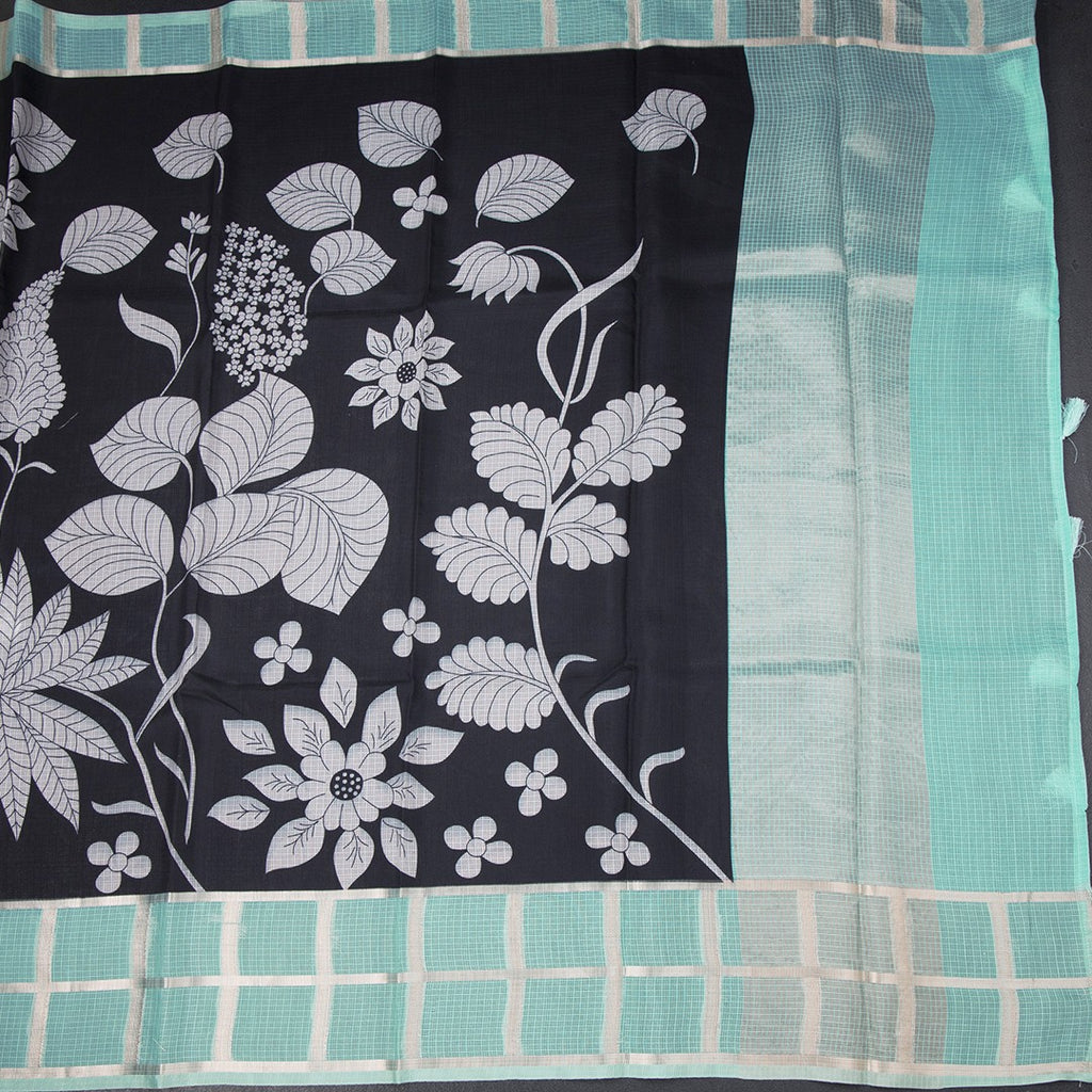 Kota Black Floral Printed Saree And Zari Checked Border 04