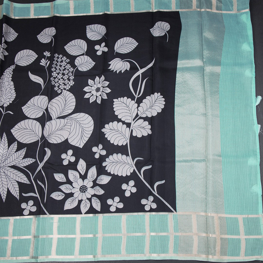Kota Black Floral Printed Saree And Zari Checked Border 04