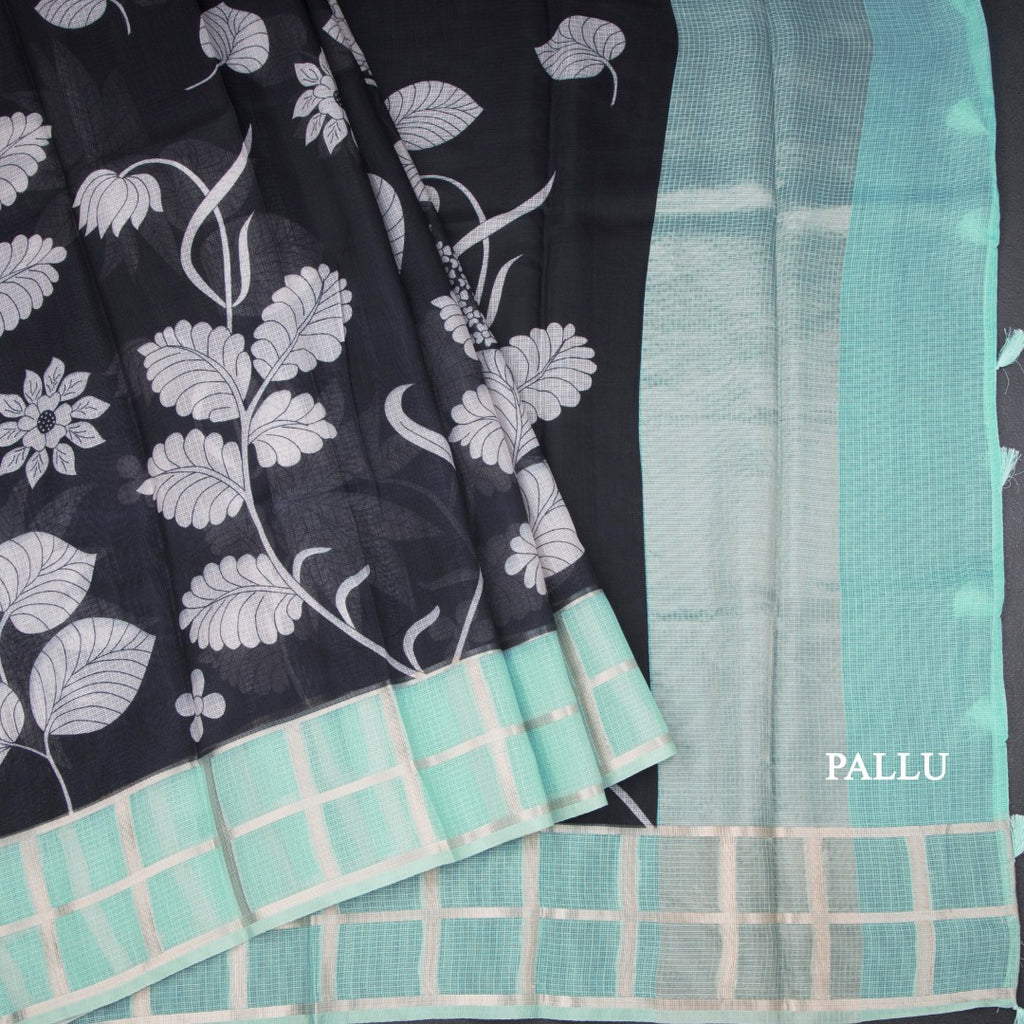 Kota Black Floral Printed Saree And Zari Checked Border 04