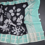 Kota Black Floral Printed Saree And Zari Checked Border 04