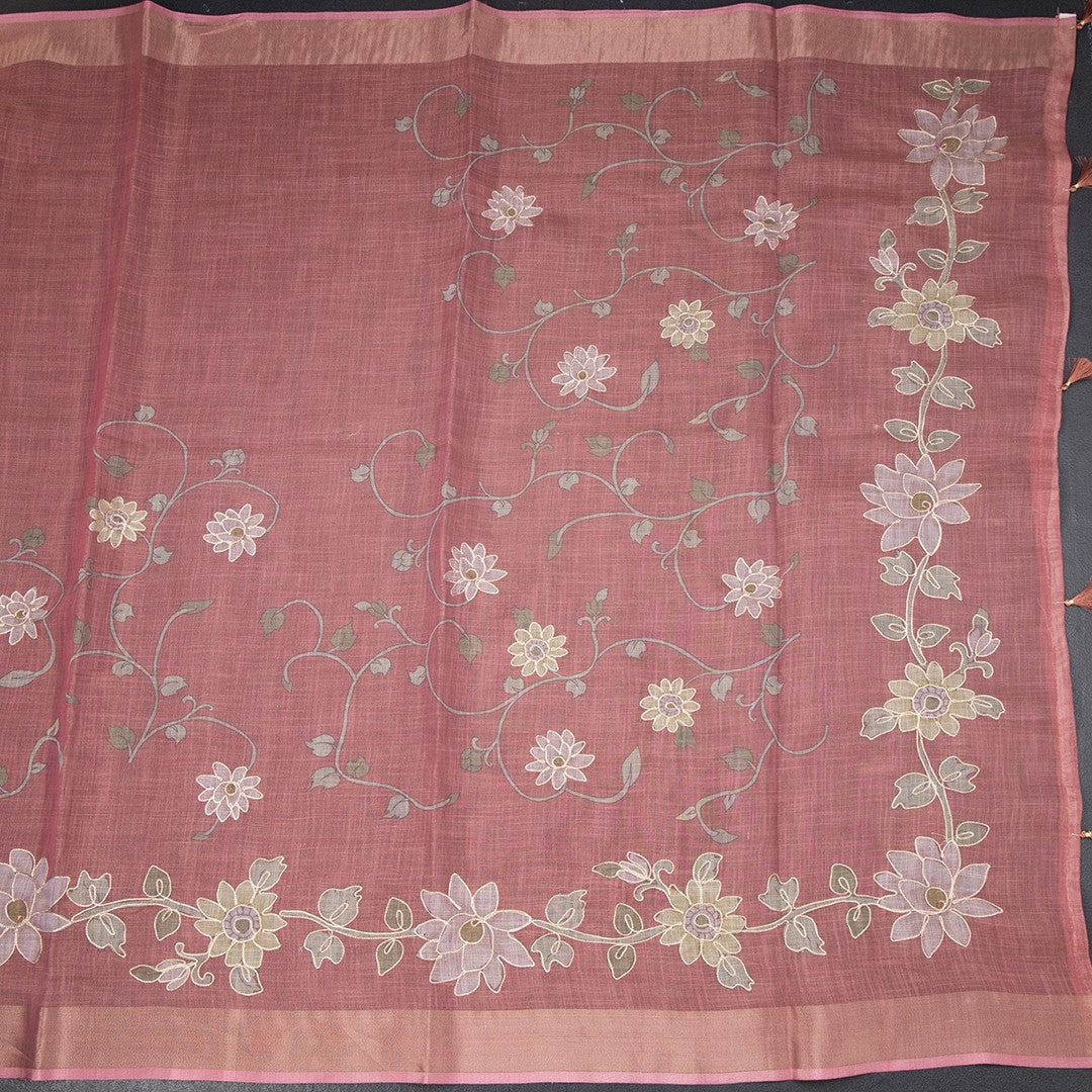 Semi Linen Dark Peach Saree With Painted Zari Thread Work