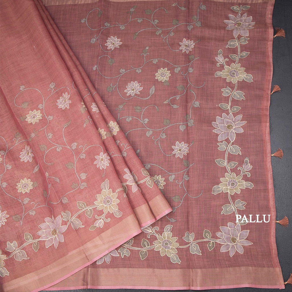 Semi Linen Dark Peach Saree With Painted Zari Thread Work
