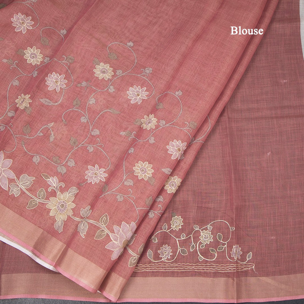 Semi Linen Dark Peach Saree With Painted Zari Thread Work