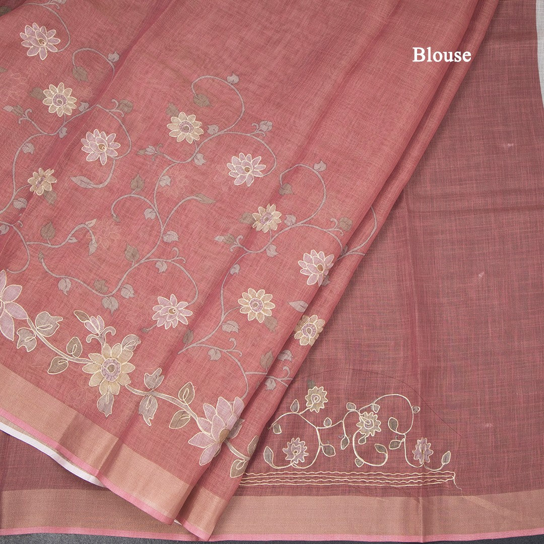 Semi Linen Dark Peach Saree With Painted Zari Thread Work