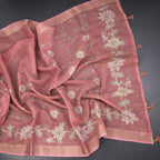 Linen Dark Peach Saree With Painted Zari Thread Work