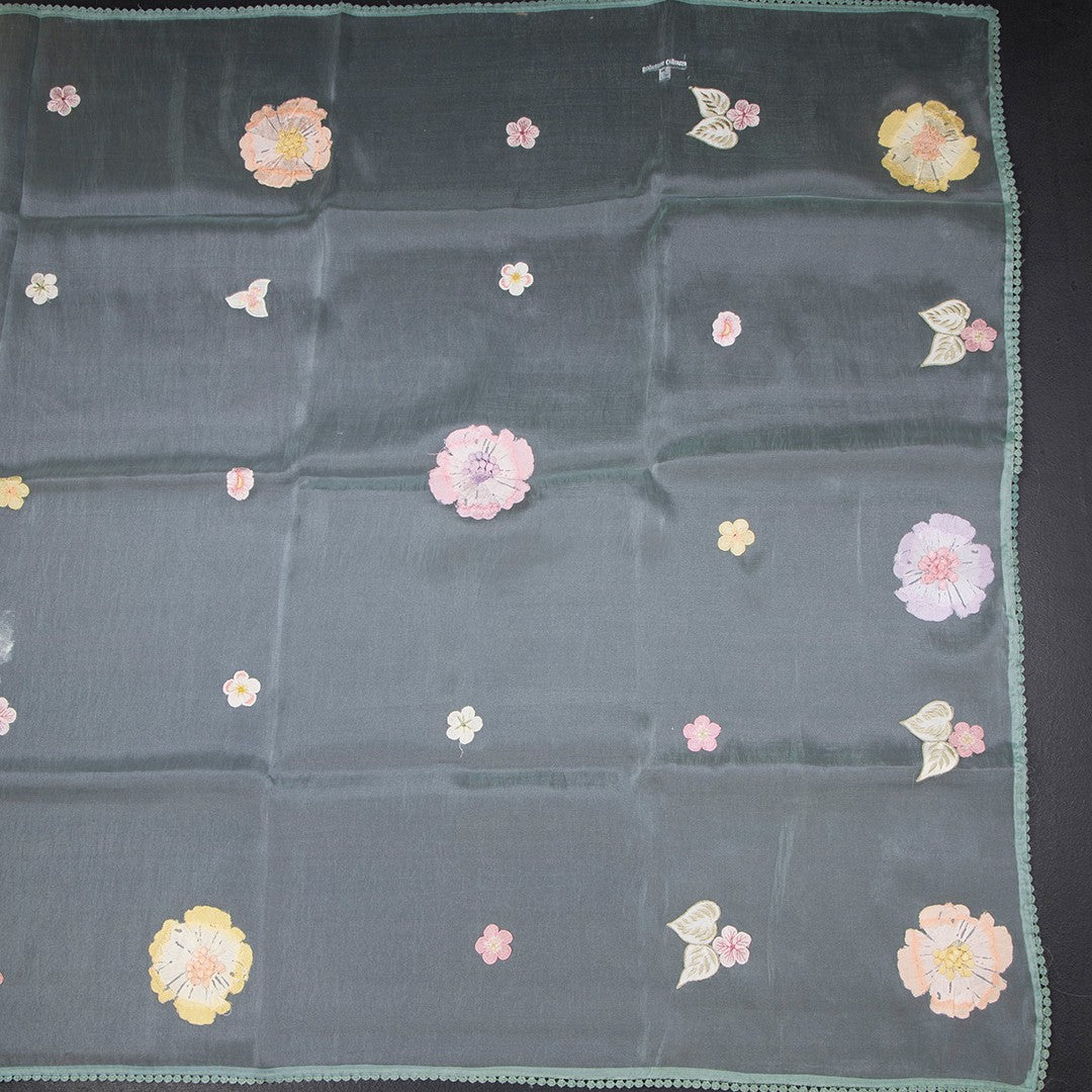 Soft Tissue Pista Green Floral Thread Work Saree