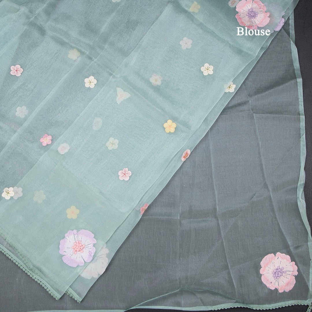 Soft Tissue Pista Green Floral Thread Work Saree