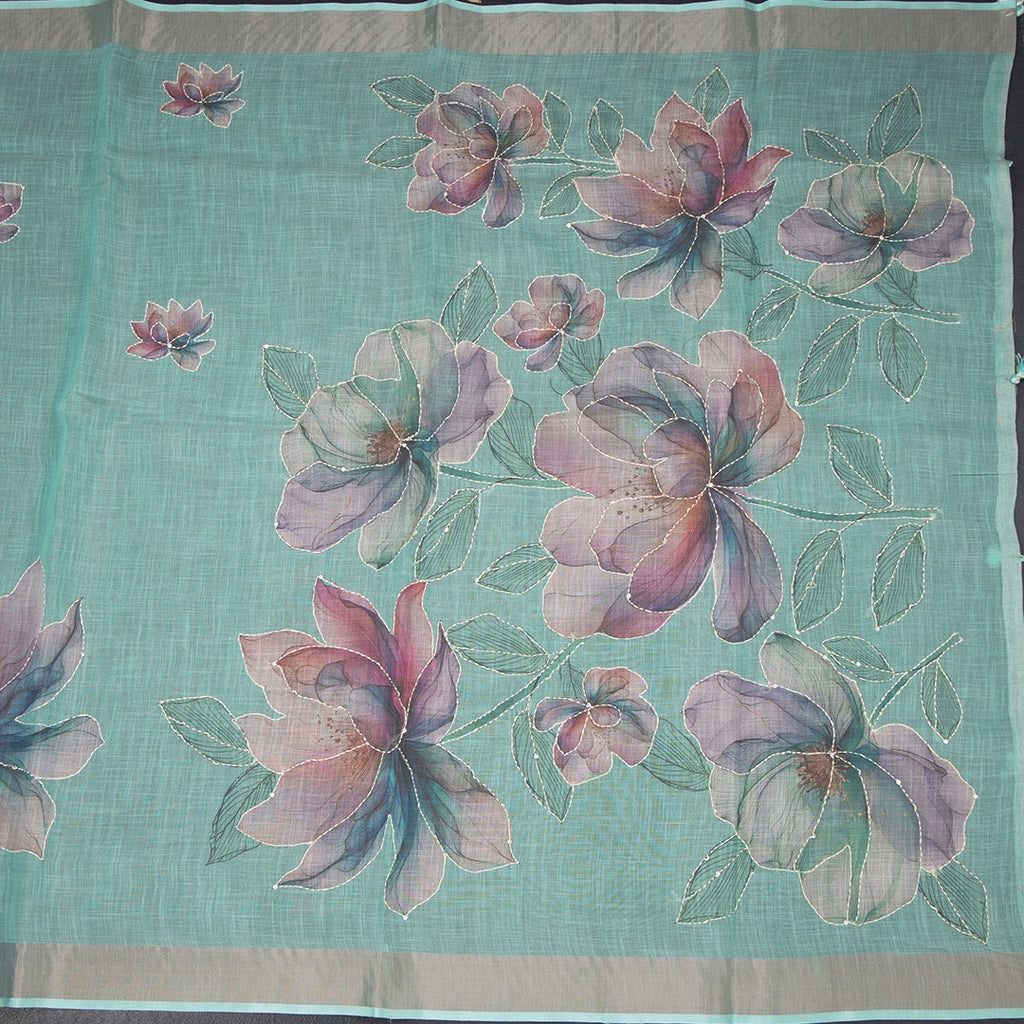 Semi Linen Mint Green Floral Painted With Thread Work Saree