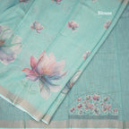 Semi Linen Mint Green Floral Painted With Thread Work Saree