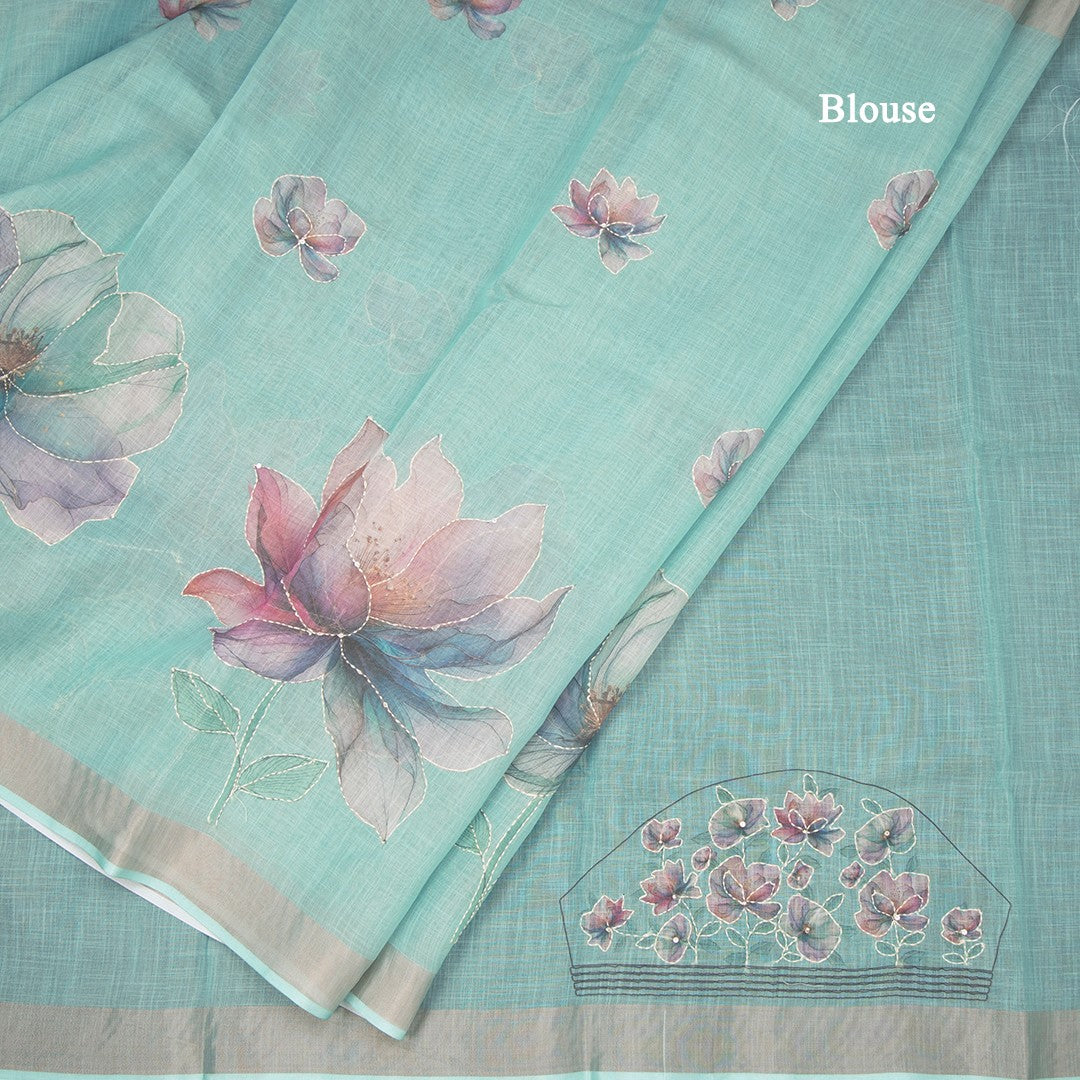 Semi Linen Mint Green Floral Painted With Thread Work Saree