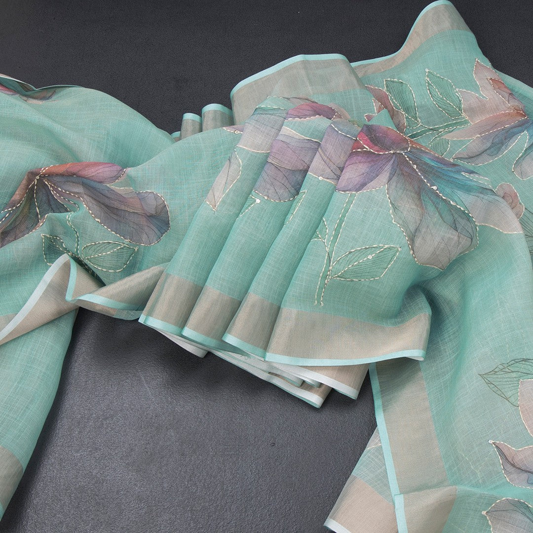 Semi Linen Mint Green Floral Painted With Thread Work Saree