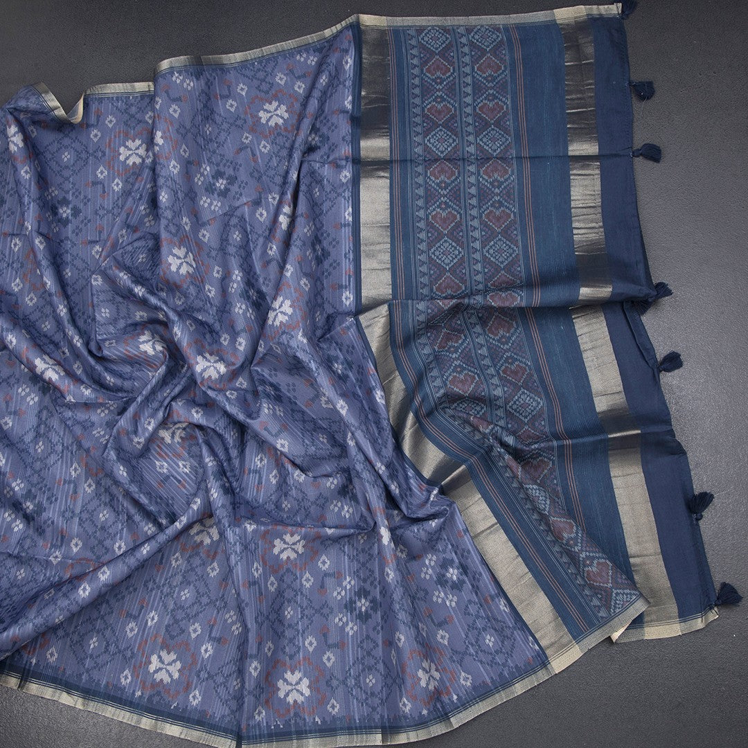 Semi Raw Silk Blue Printed Saree 02