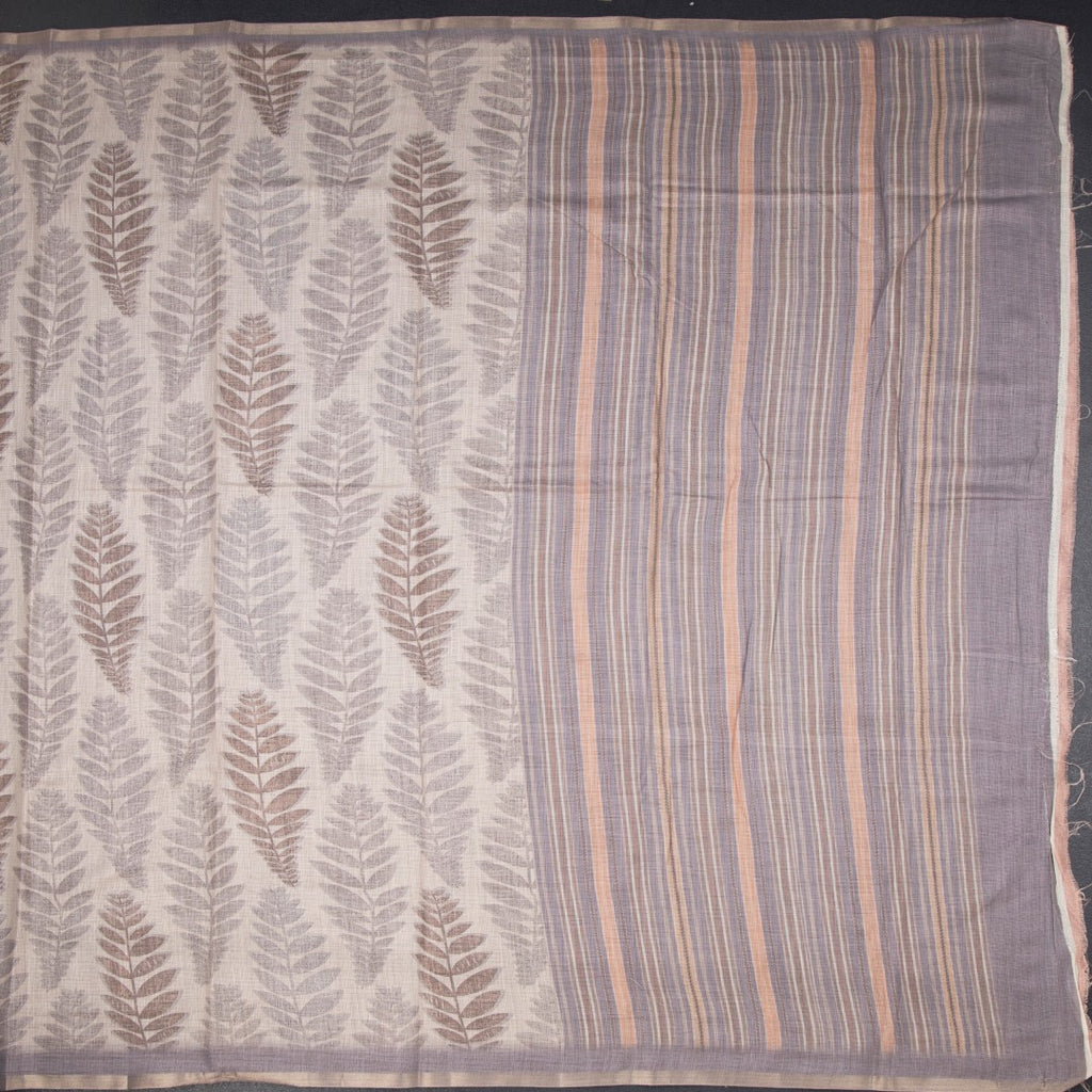 Semi Raw Silk Cream Leaf Printed Saree 06