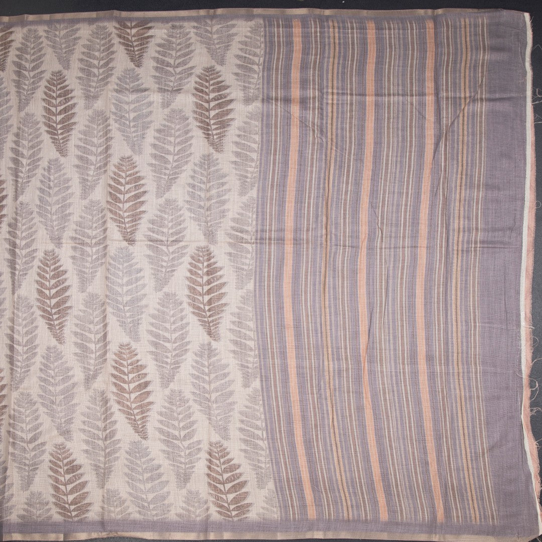 Semi Raw Silk Cream Leaf Printed Saree 06