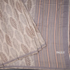 Semi Raw Silk Cream Leaf Printed Saree 06