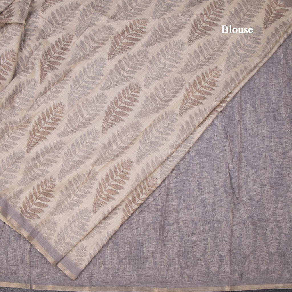 Semi Raw Silk Cream Leaf Printed Saree 06