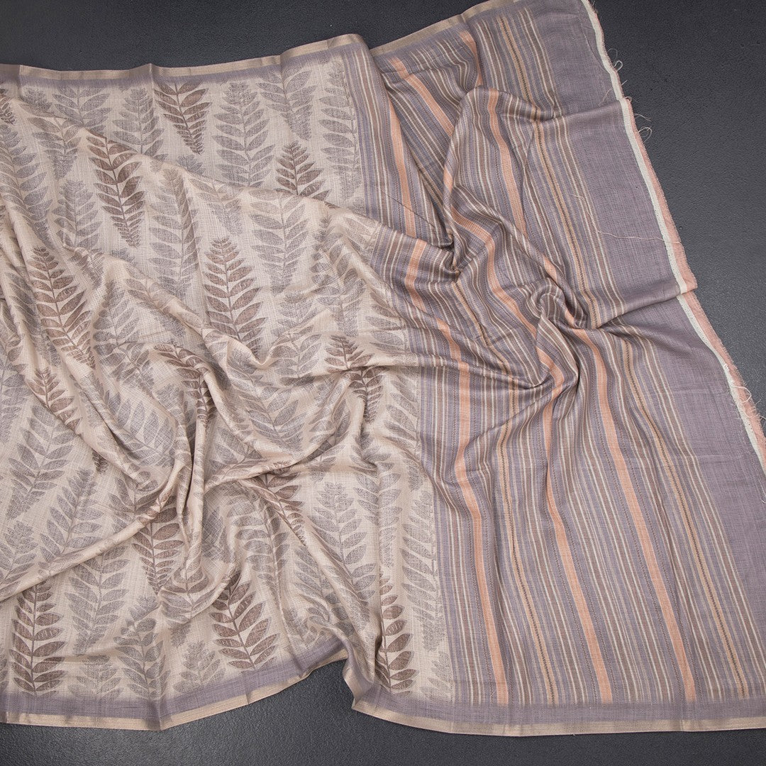 Semi Raw Silk Cream Leaf Printed Saree 06