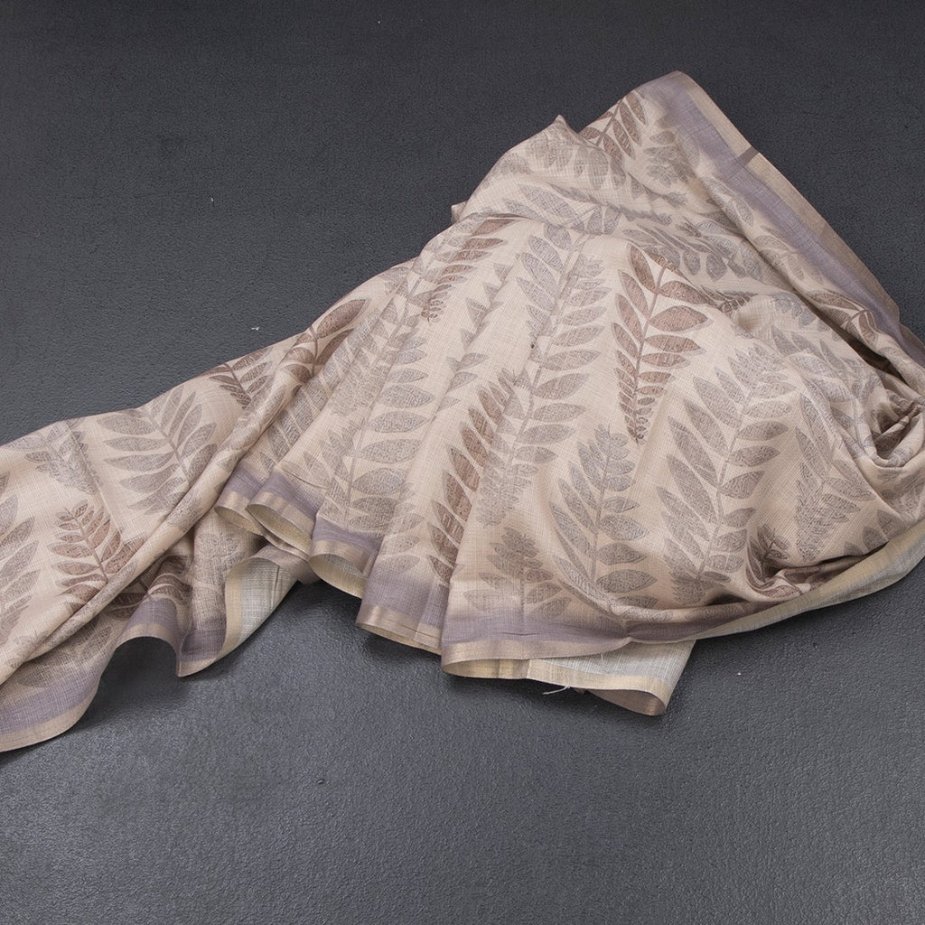 Semi Raw Silk Cream Leaf Printed Saree 06