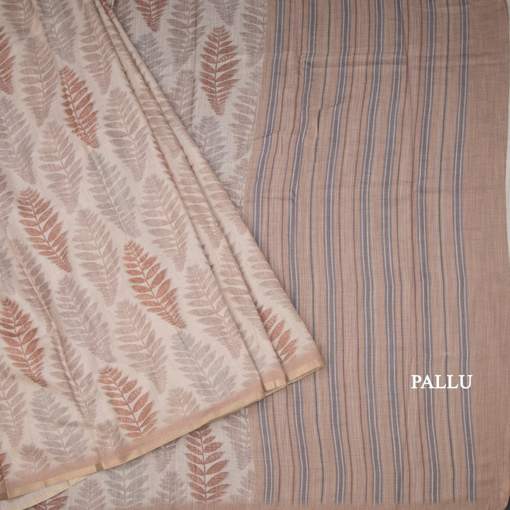 Semi Raw Silk Cream Floral Printed Saree 07
