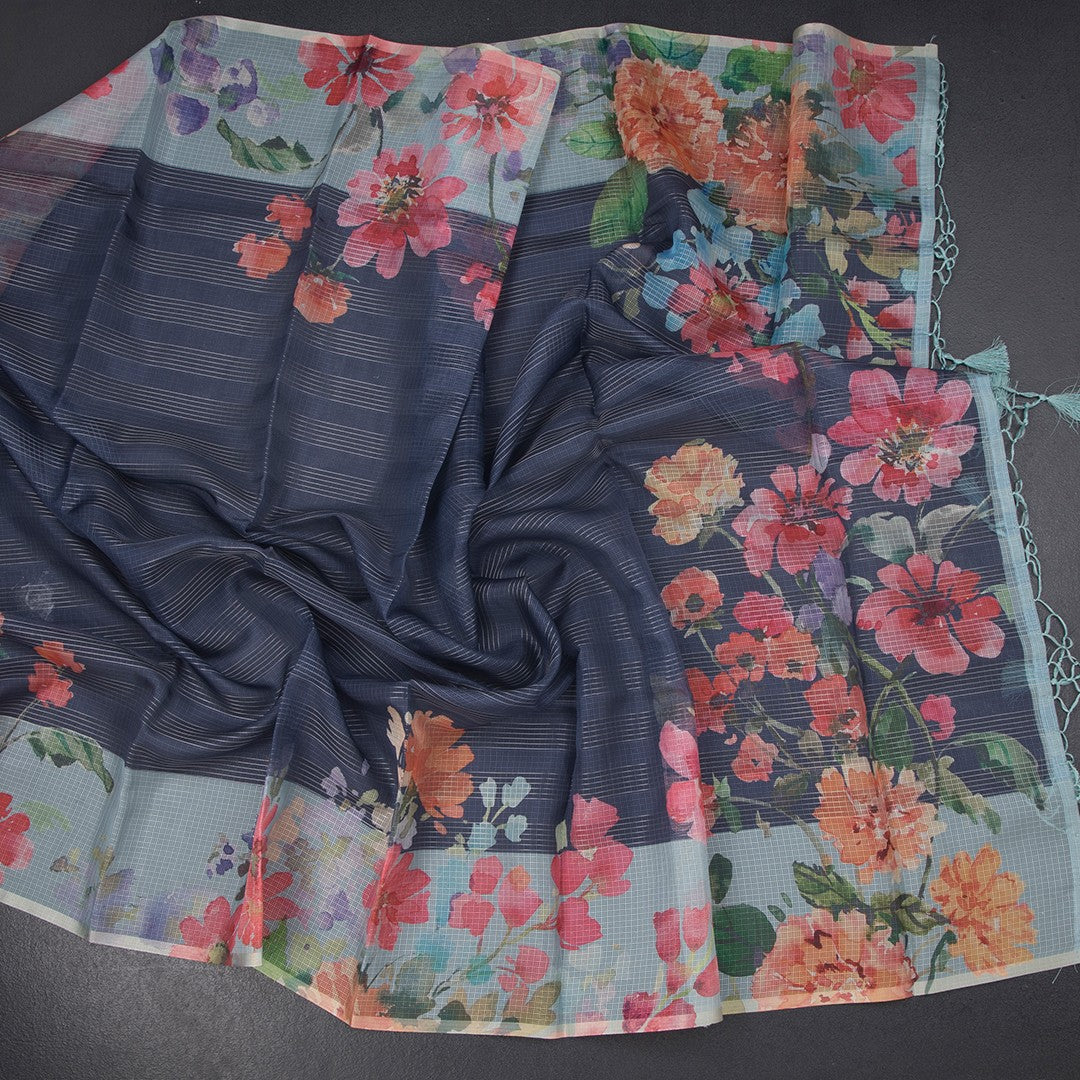 Kota Dark Blue Floral Printed Saree