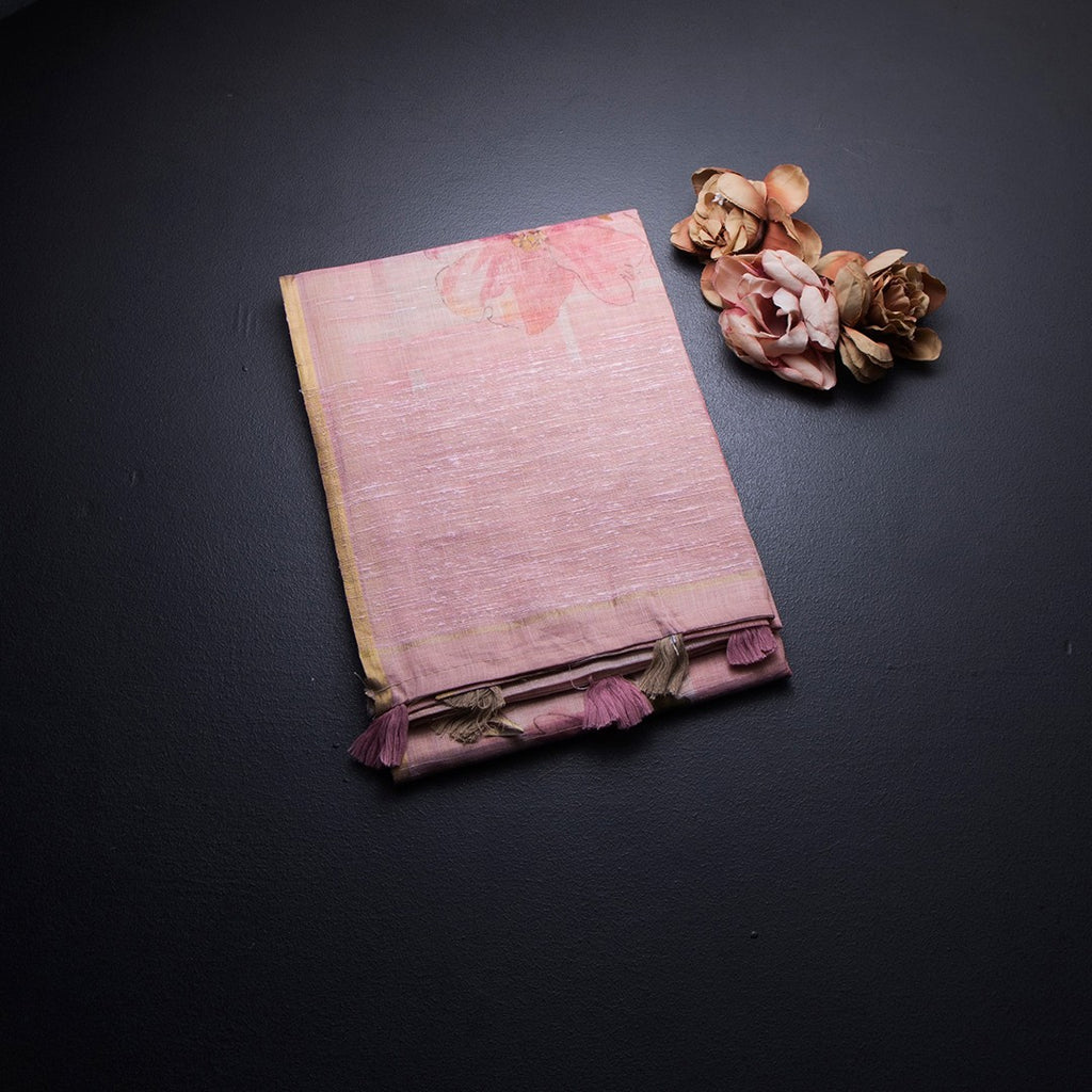 Semi Linen Rose Pink Floral Printed Saree