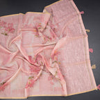 Semi Linen Rose Pink Floral Printed Saree