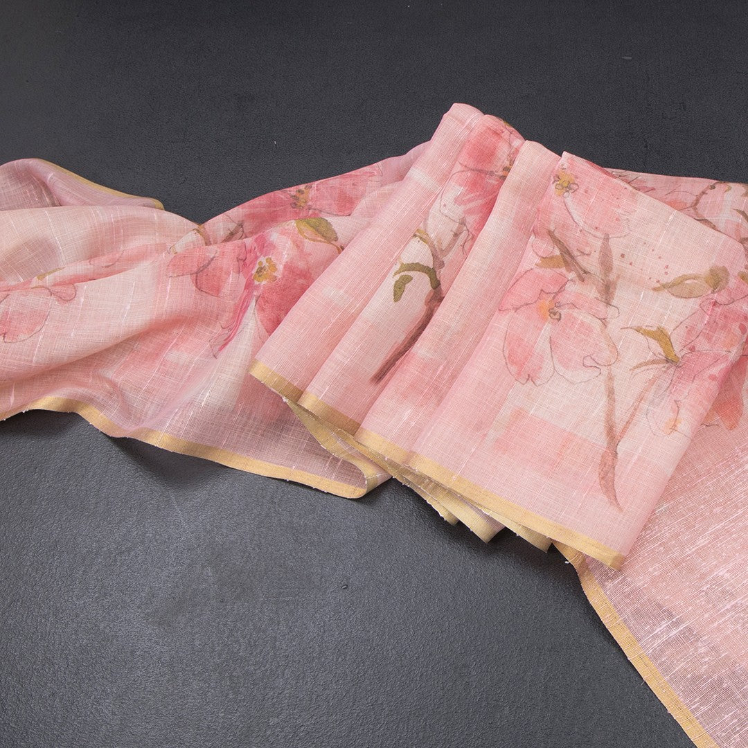 Semi Linen Rose Pink Floral Printed Saree
