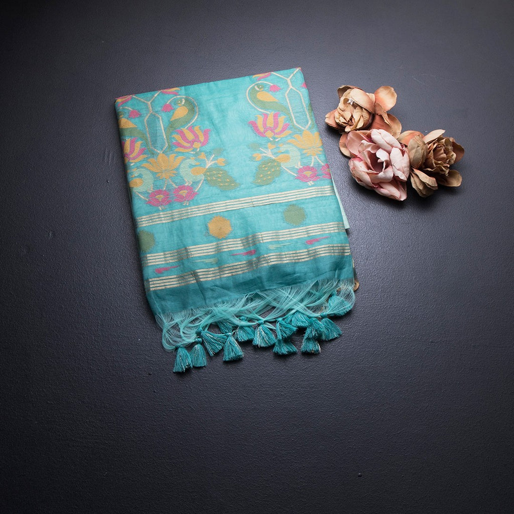 Semi Linen Mint Green Thread Work Saree