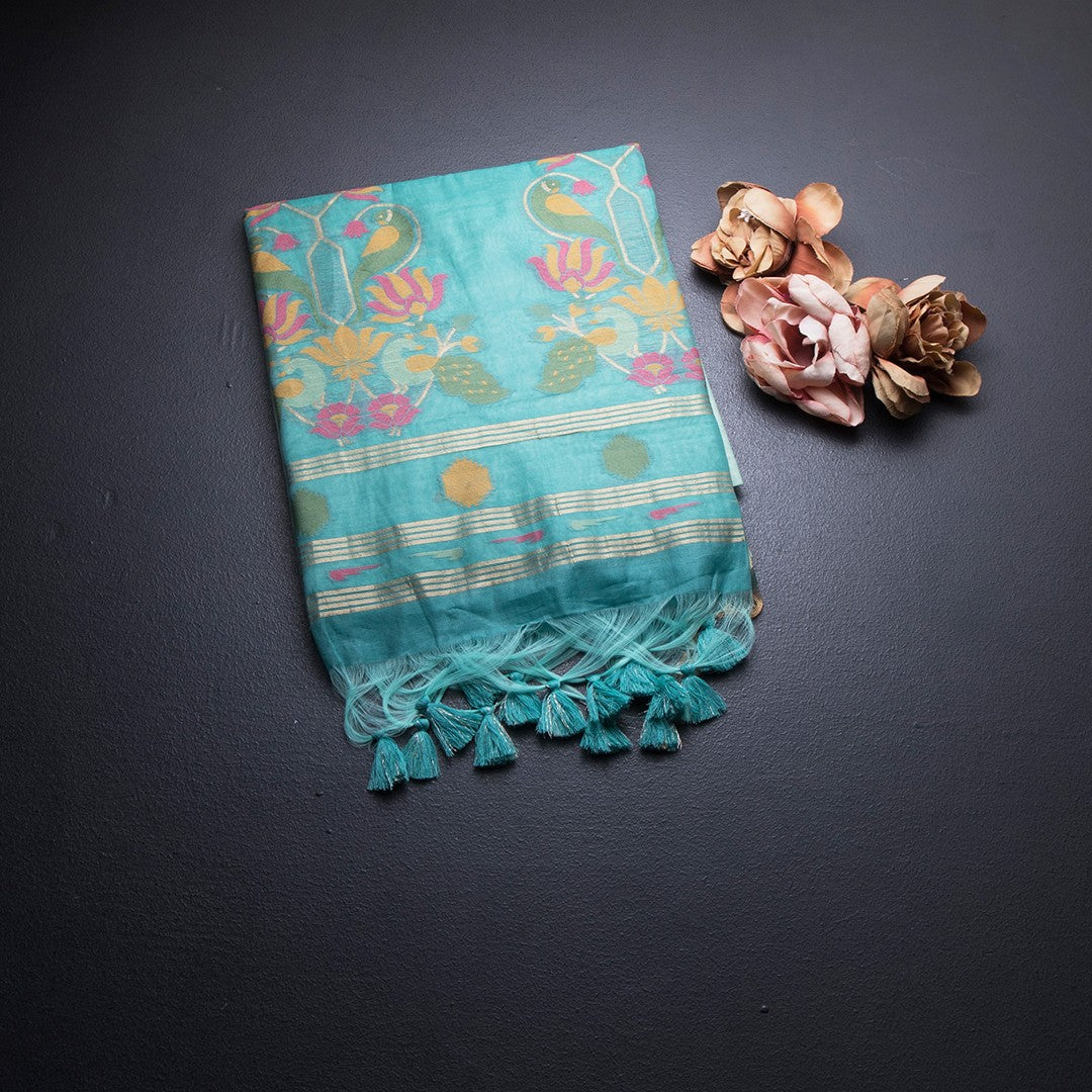 Semi Linen Mint Green Thread Work Saree