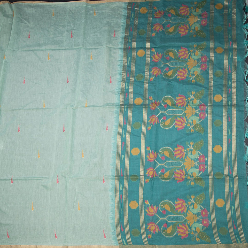 Semi Linen Mint Green Thread Work Saree
