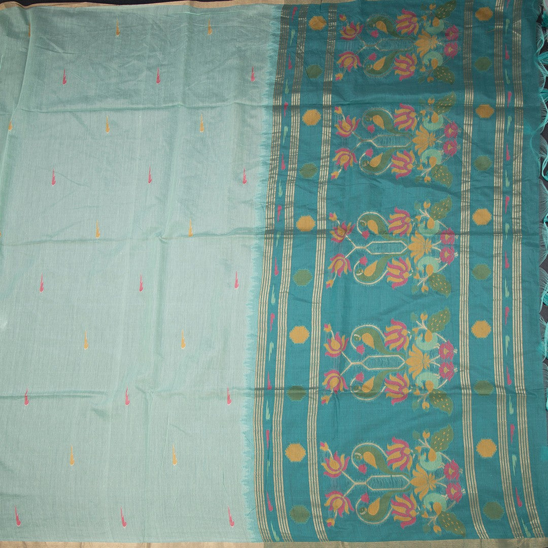 Semi Linen Mint Green Thread Work Saree