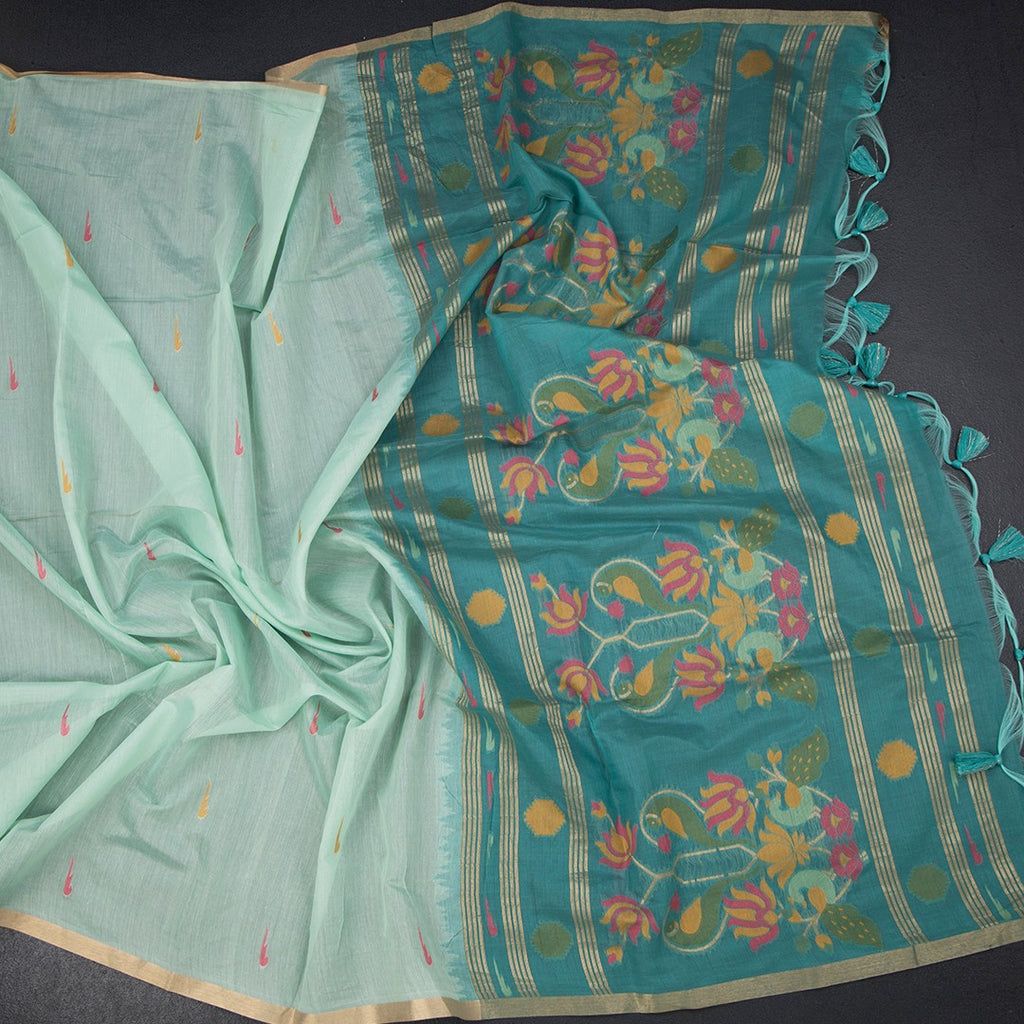 Semi Linen Mint Green Thread Work Saree
