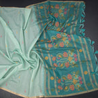 Semi Linen Mint Green Thread Work Saree