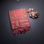 Semi Linen Peach Thread Work Saree
