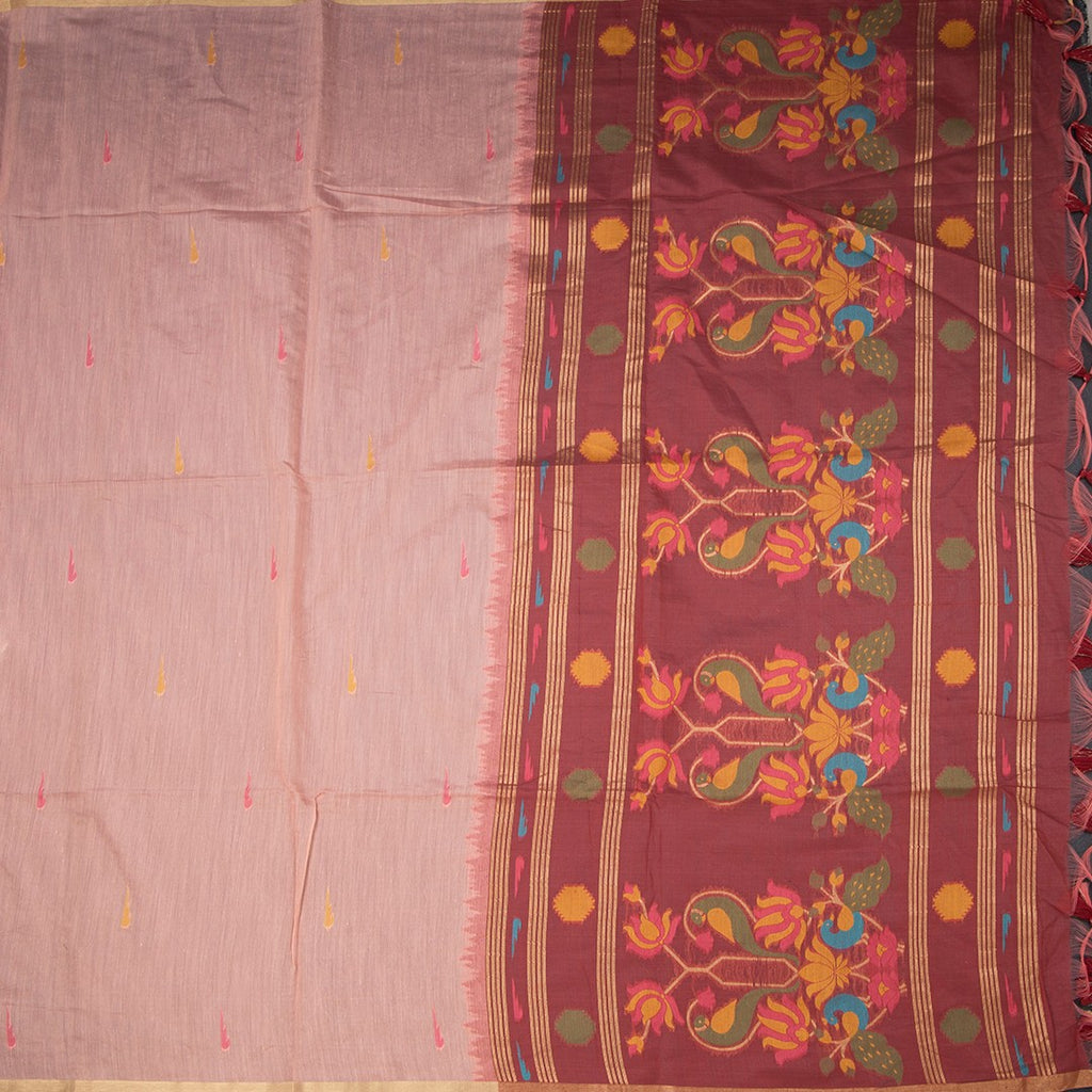 Semi Linen Peach Thread Work Saree