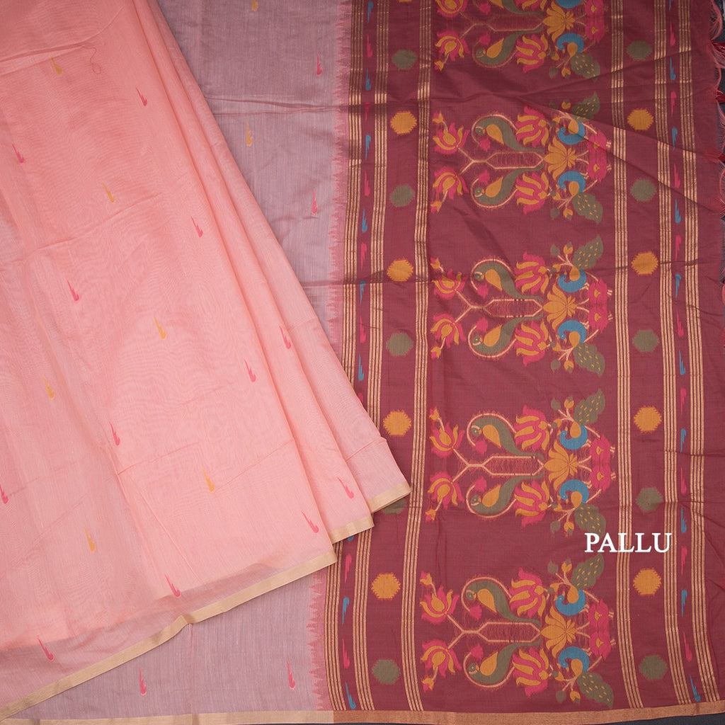 Semi Linen Peach Thread Work Saree