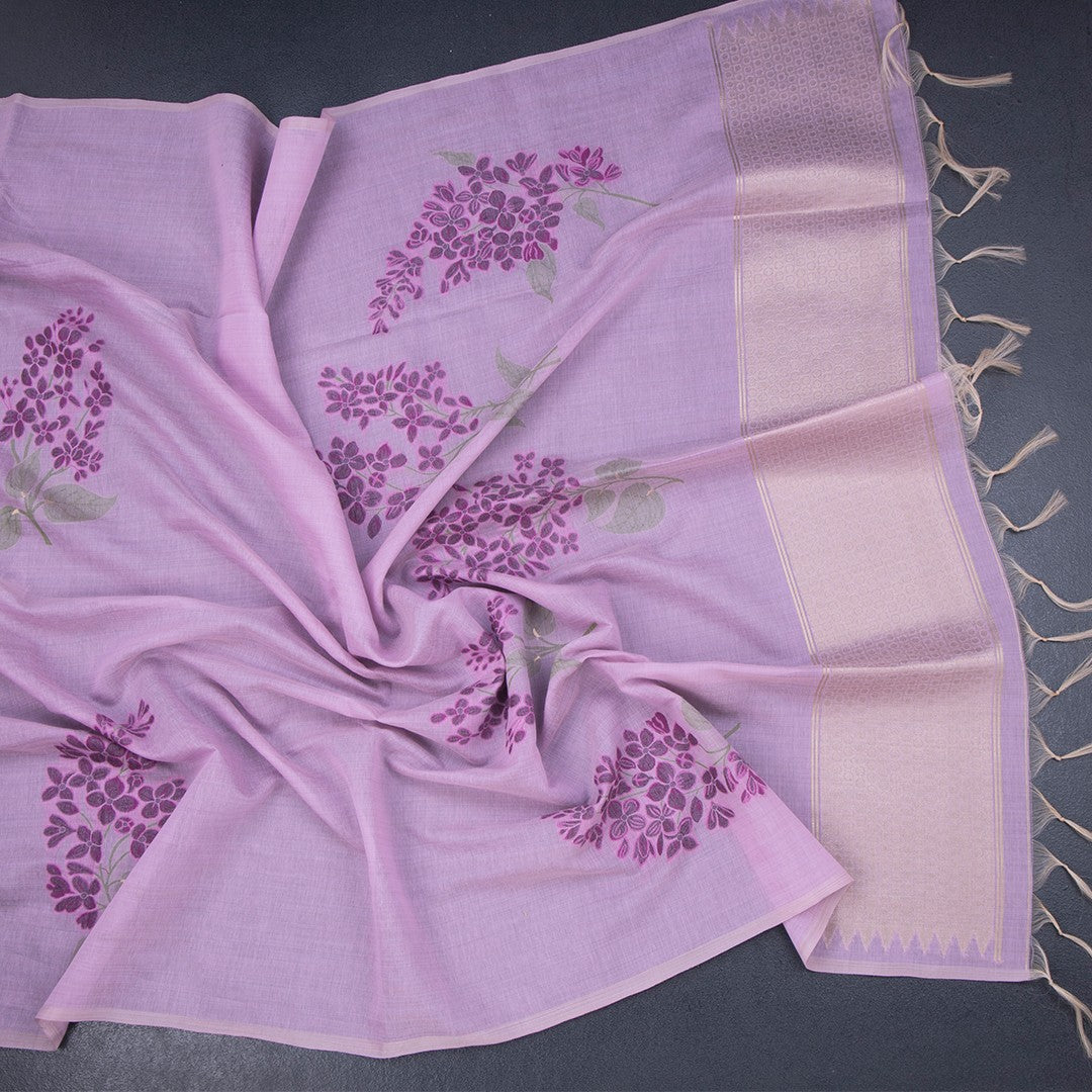 Semi Linen Lavender Floral Printed Saree