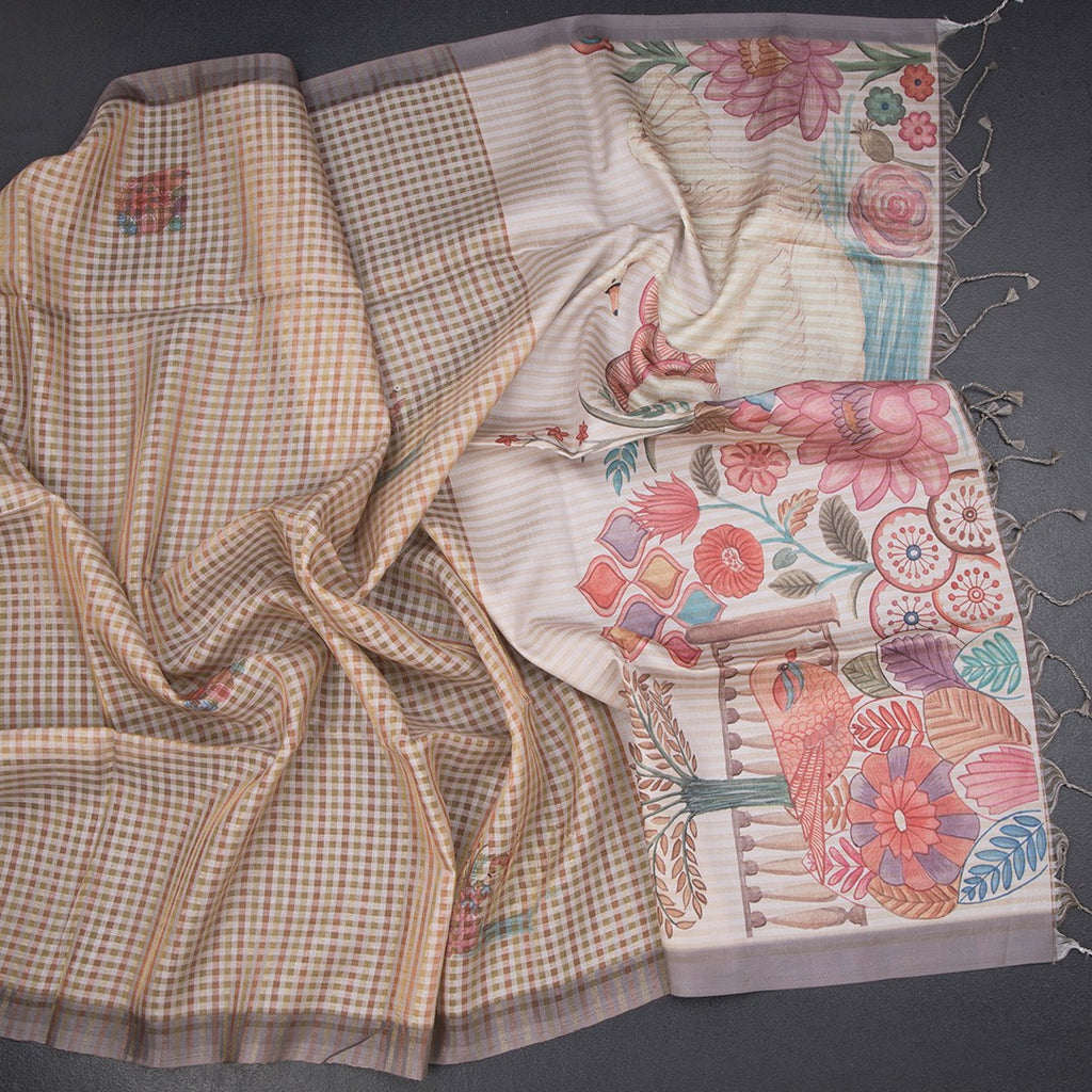Raw Silk Multi Colour Checked Saree With Paint Work 04
