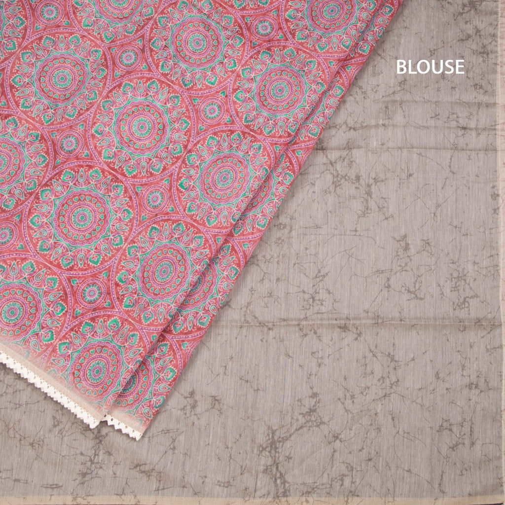Semi Linen Red Printed Saree And Thread Pallu