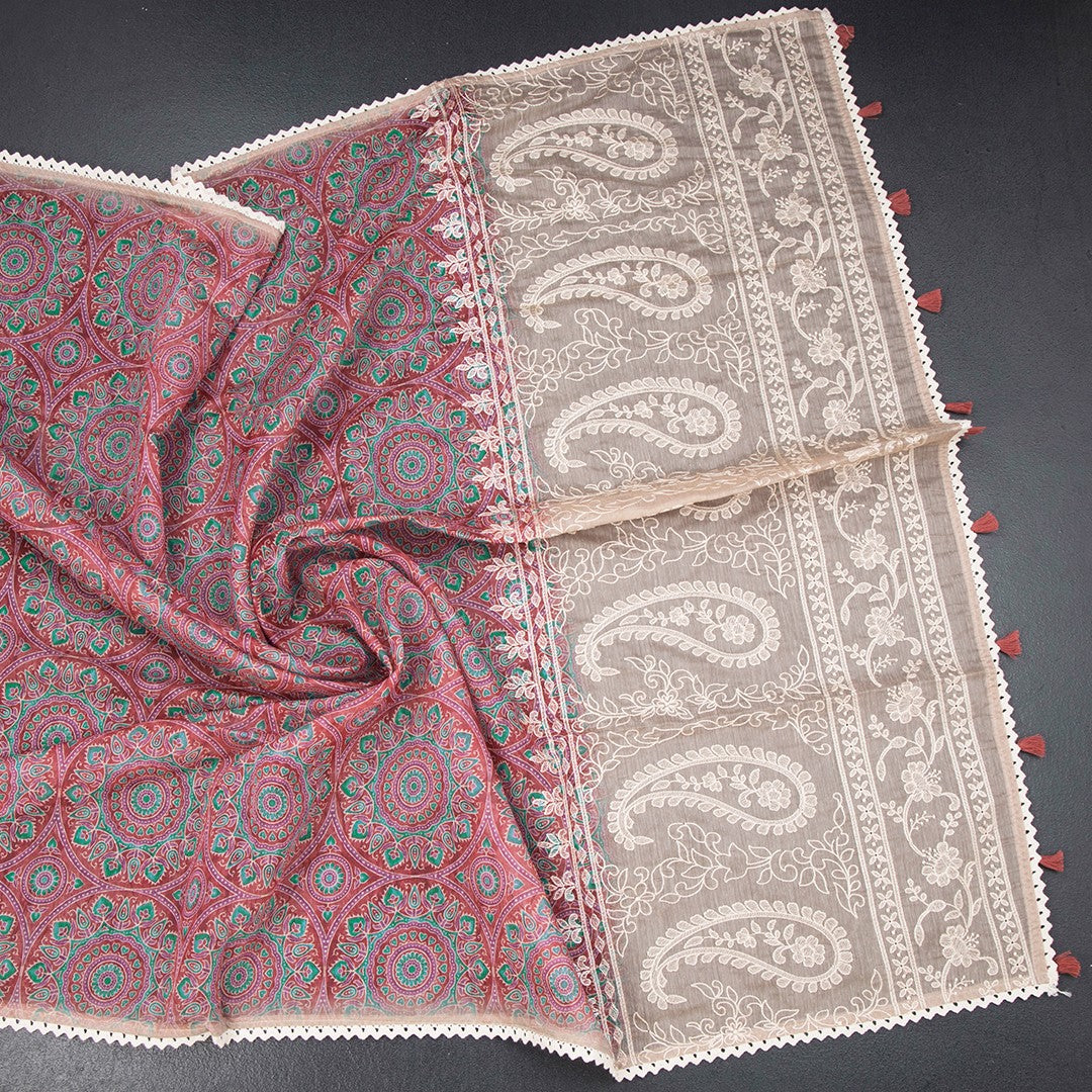 Semi Linen Red Printed Saree And Thread Pallu