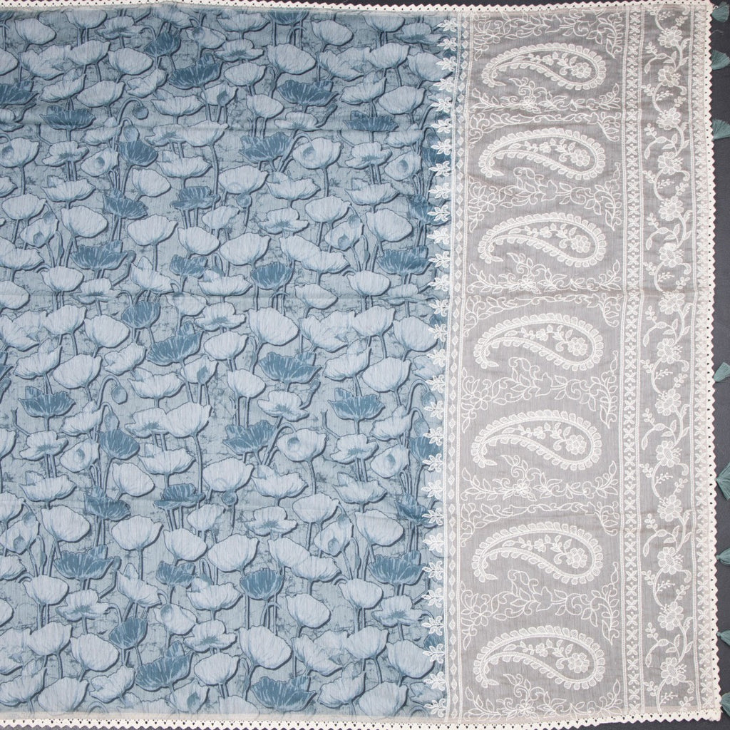 Semi Linen Sage Green Printed Saree And Thread Pallu