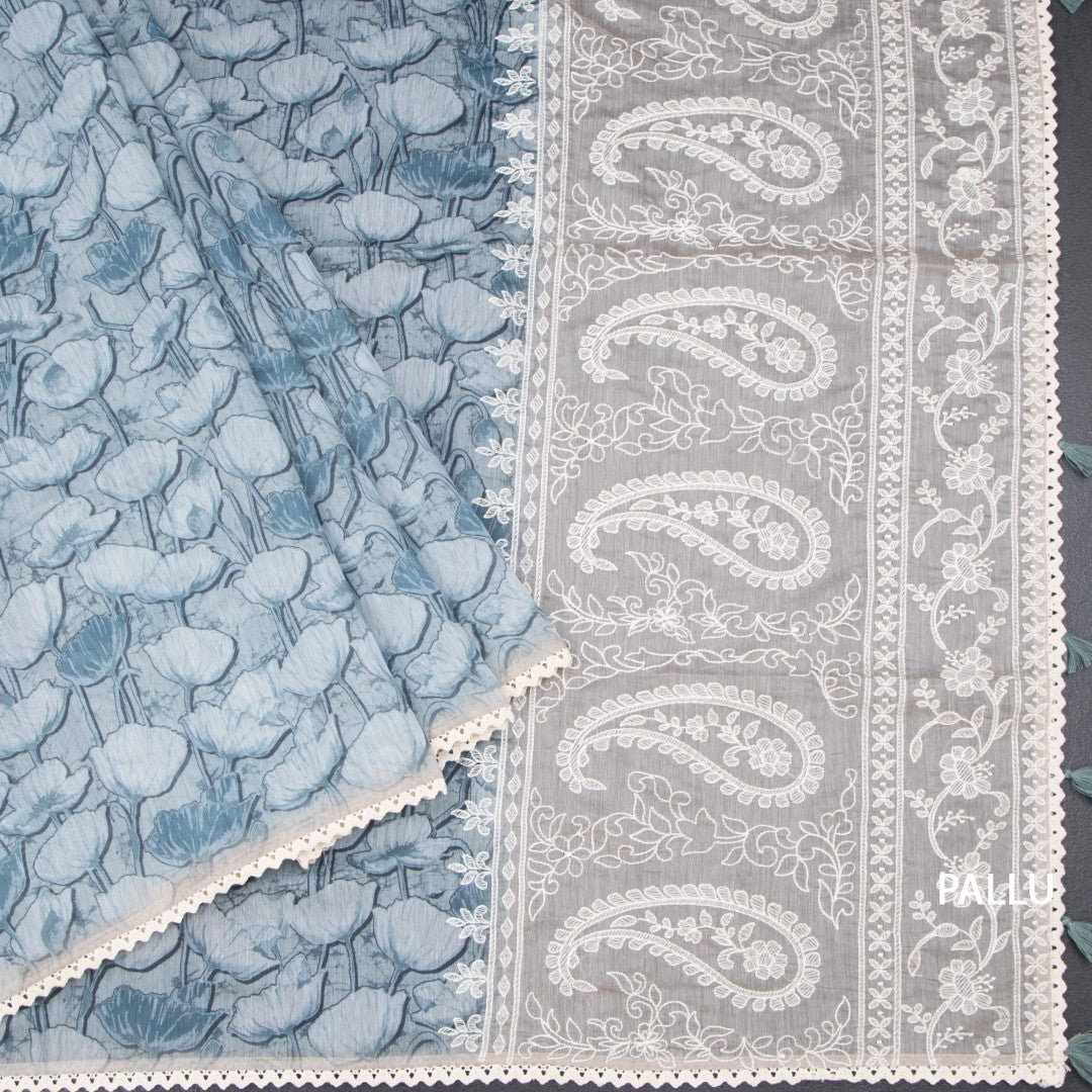 Semi Linen Sage Green Printed Saree And Thread Pallu