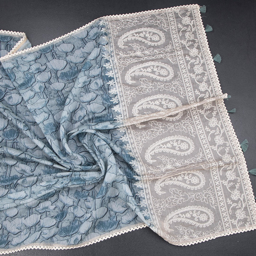 Semi Linen Sage Green Printed Saree And Thread Pallu