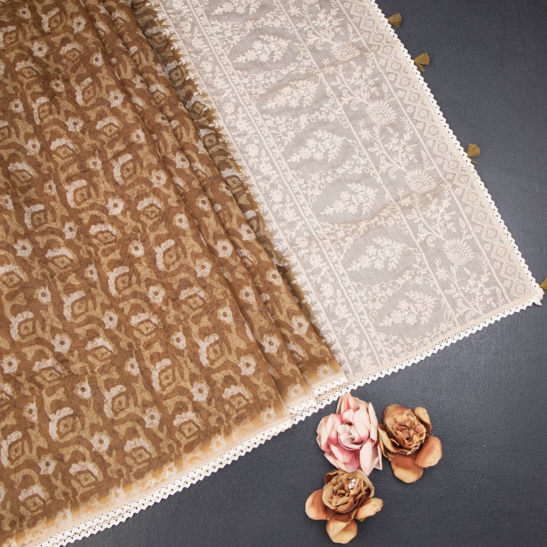 Semi Linen Golden Brown Printed Saree And Thread Pallu