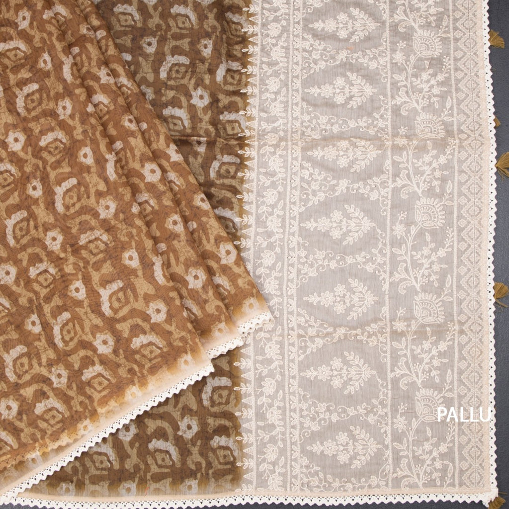 Semi Linen Golden Brown Printed Saree And Thread Pallu