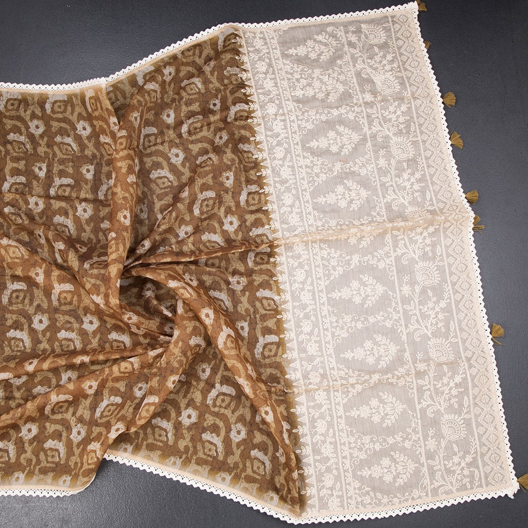 Semi Linen Golden Brown Printed Saree And Thread Pallu